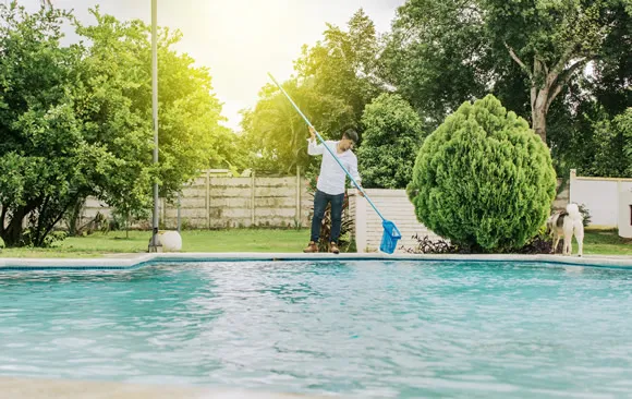 Maintenance person cleaning a swimming pool with skimmer